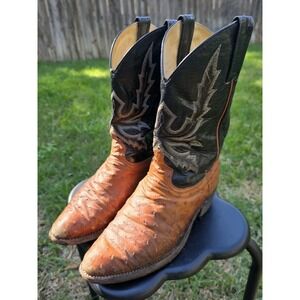 VINTAGE DAN POST OSTRICH BROWN TAN 2 TONE COWBOY BOOTS P1851 169035 WOMENS 8.5M